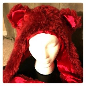 Adorable Faux Fur Reddish Hat With Ears & Mittens